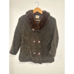 Vintage Black Curly Lamb Crop Jacket with Fur Collar Swing S/M